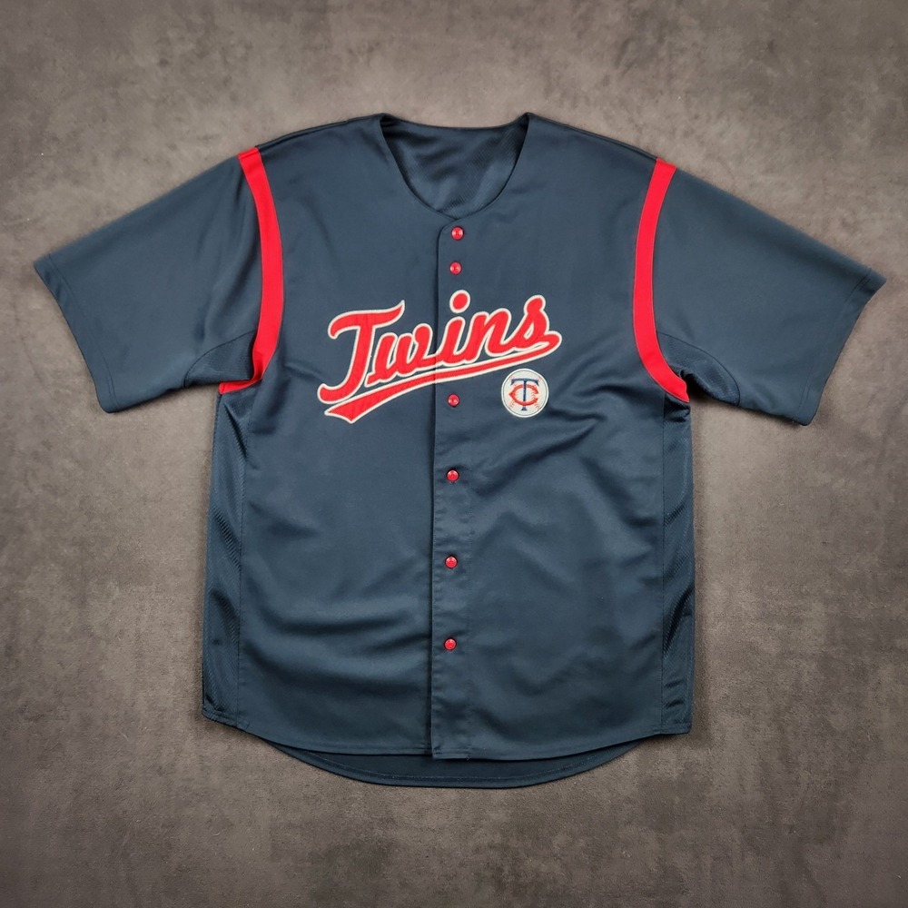 Vintage Minnesota Twins Dynasty Baseball Jersey Mens XL Navy Red Button Up Shirt